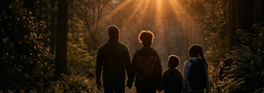 Family of five walking hand in hand on wooded trail with sun rays